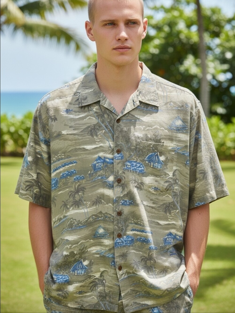 J.Crew Mens Large Hawaiian Camp Shirt Green Tropical Palm Trees Cotton Vintage